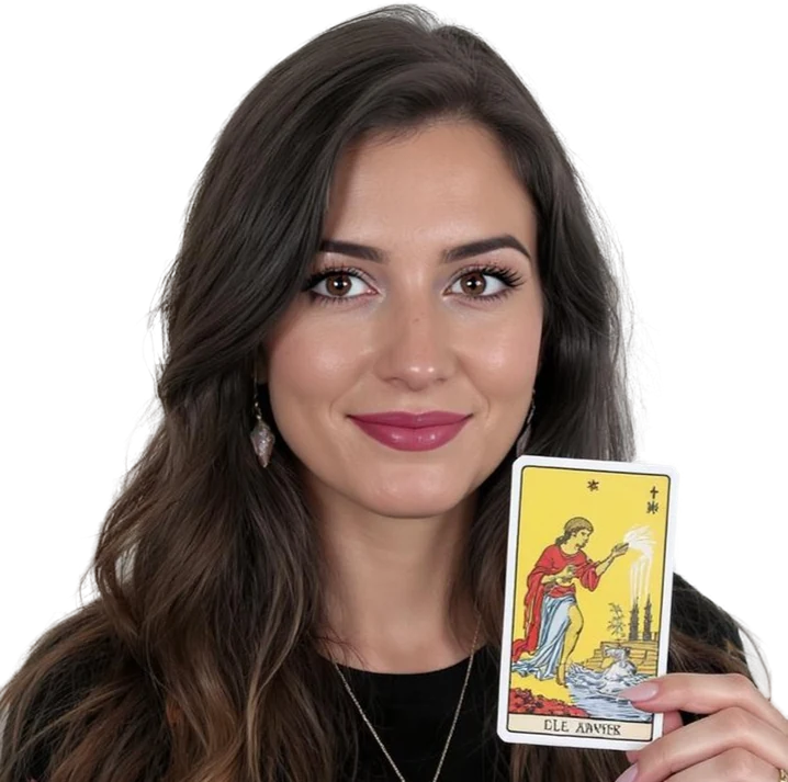 Juliana von Arwen mit einer Tarotkarte in der Hand