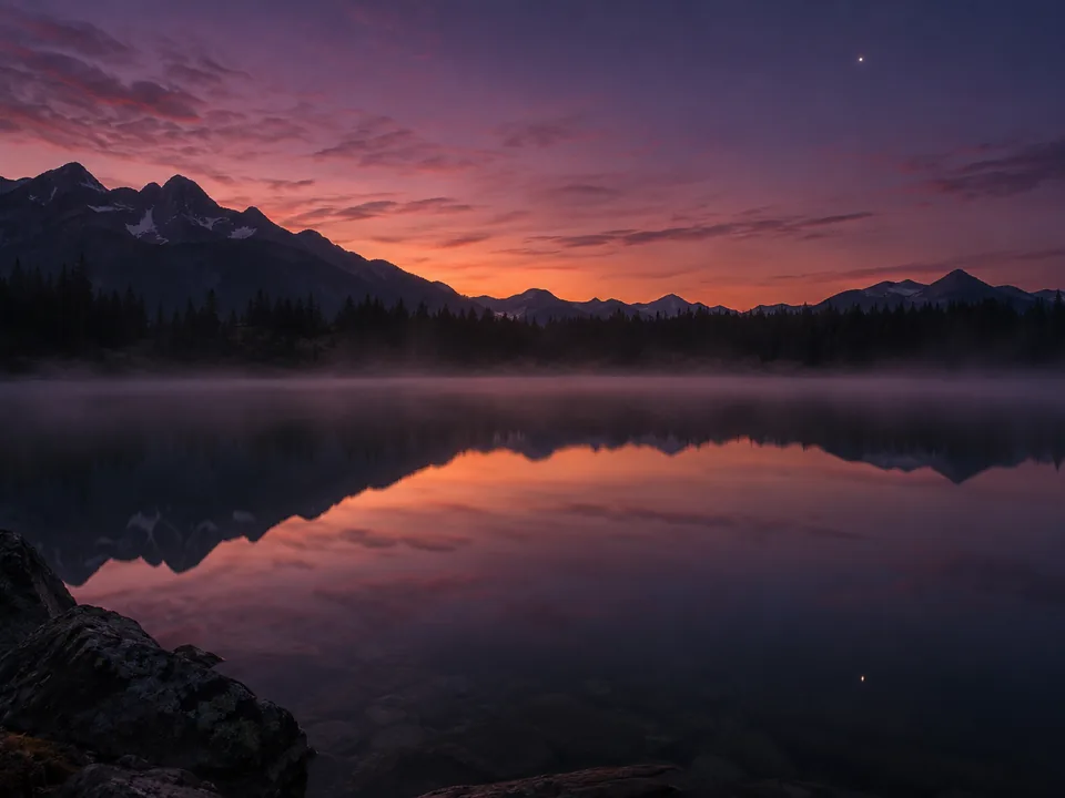 Ein stiller Bergsee zur blauen Stunde spiegelt den violetten Abendhimmel
