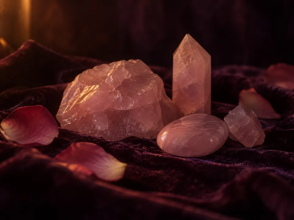 Rosenquarz und Rosenblätter auf dunklem Samt im Kerzenlicht