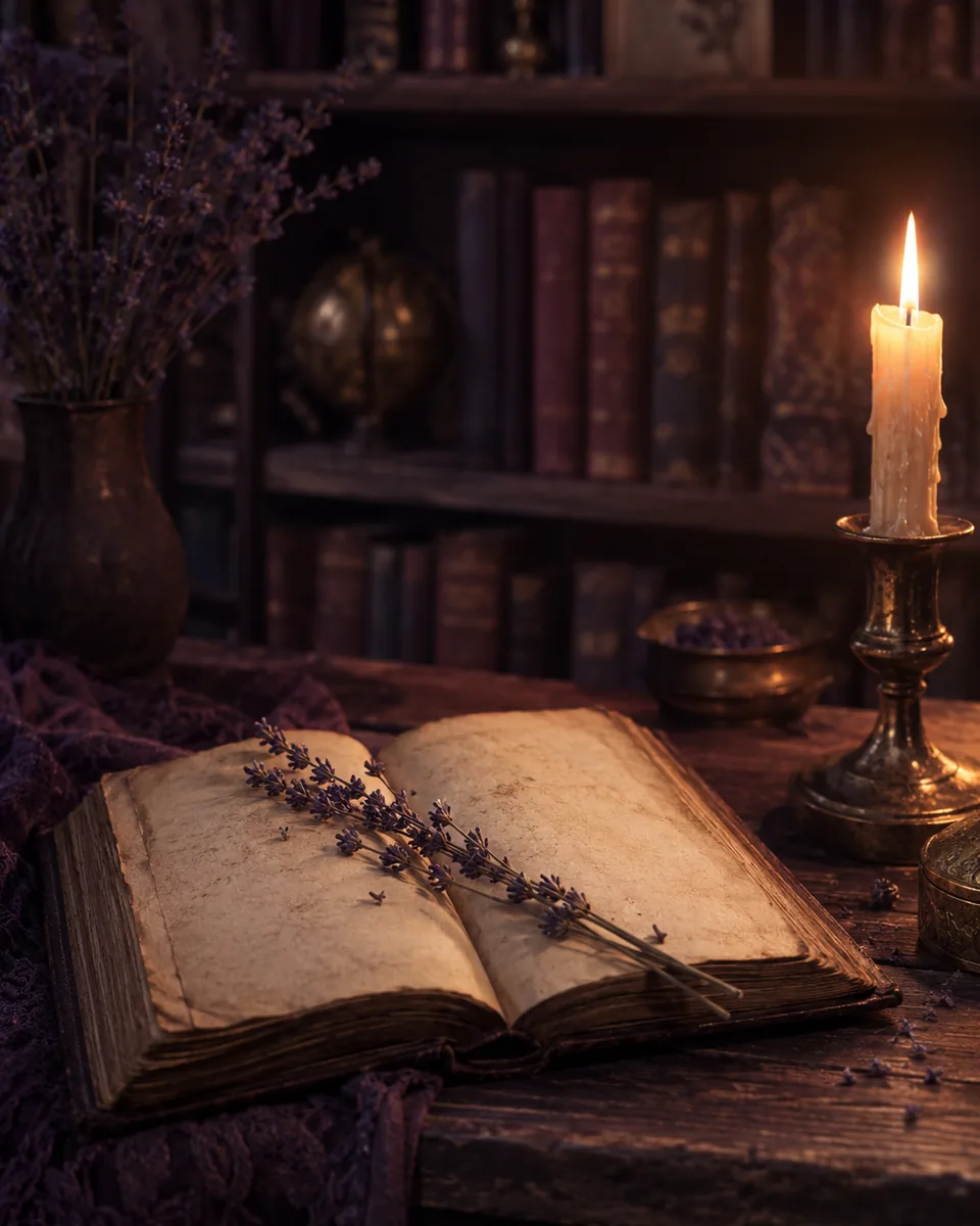 Ein aufgeschlagenes altes Buch mit einem Lavendelzweig neben einer brennenden Kerze, dahinter Bücherregale