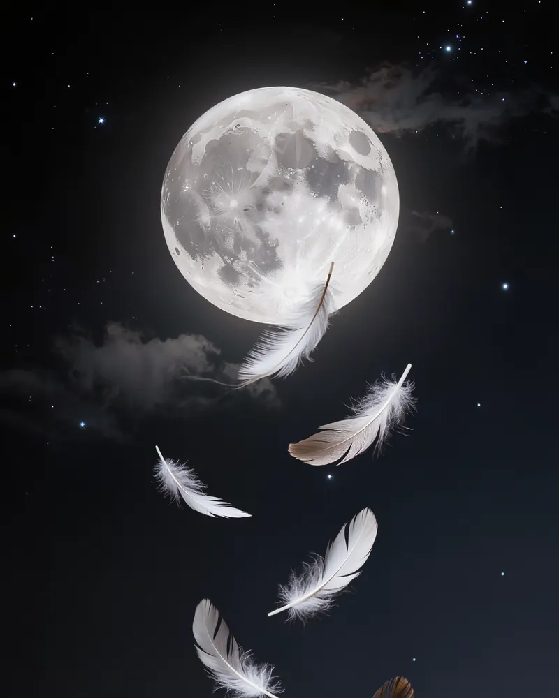 Der Vollmond am Nachthimmel, weiße Federn schweben herab